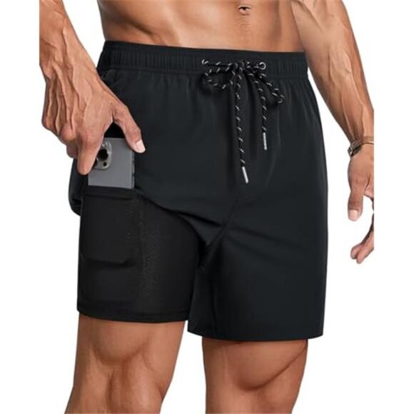 2 in 1 Men's Swim Trunk with Compression Liner Lined Stretch Quick Dry